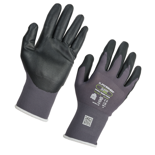 Supertouch Superfit Eco gloves with nitrile micro-foam for precision handling.