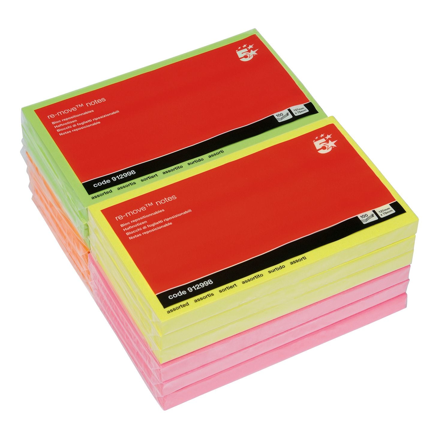 5 Star Sticky Notes Removable Neon 76x127mm – (Pack of 12)