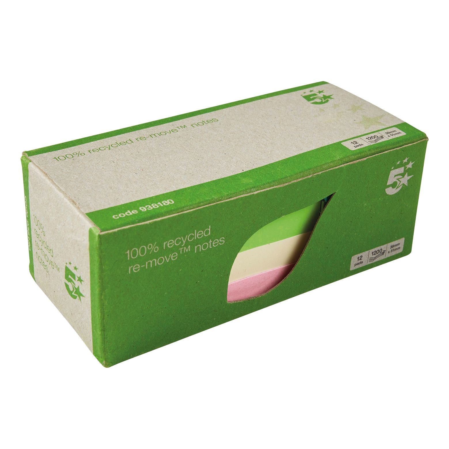 5 Star Recycled Sticky Notes Removable Pastel 38x51mm – (Pack of 12)