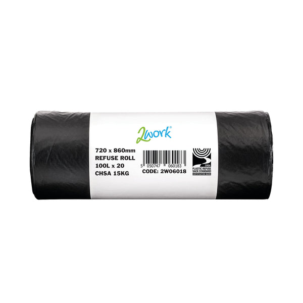 2WORK Refuse Sack 100 Litre Black 20 Bags Per Roll  (Pack of 10)