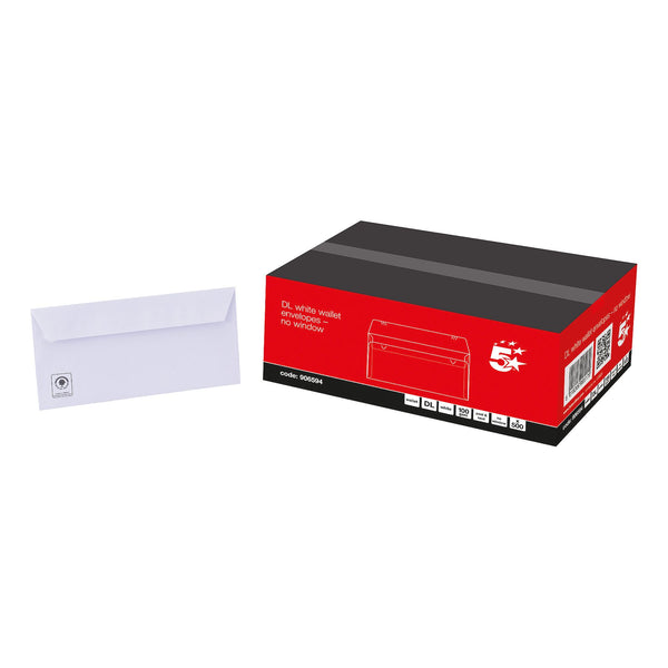 5 Star Office Envelopes Wallet Peel And Seal 100gsm DL 220x110mm White - (Pack of 500)