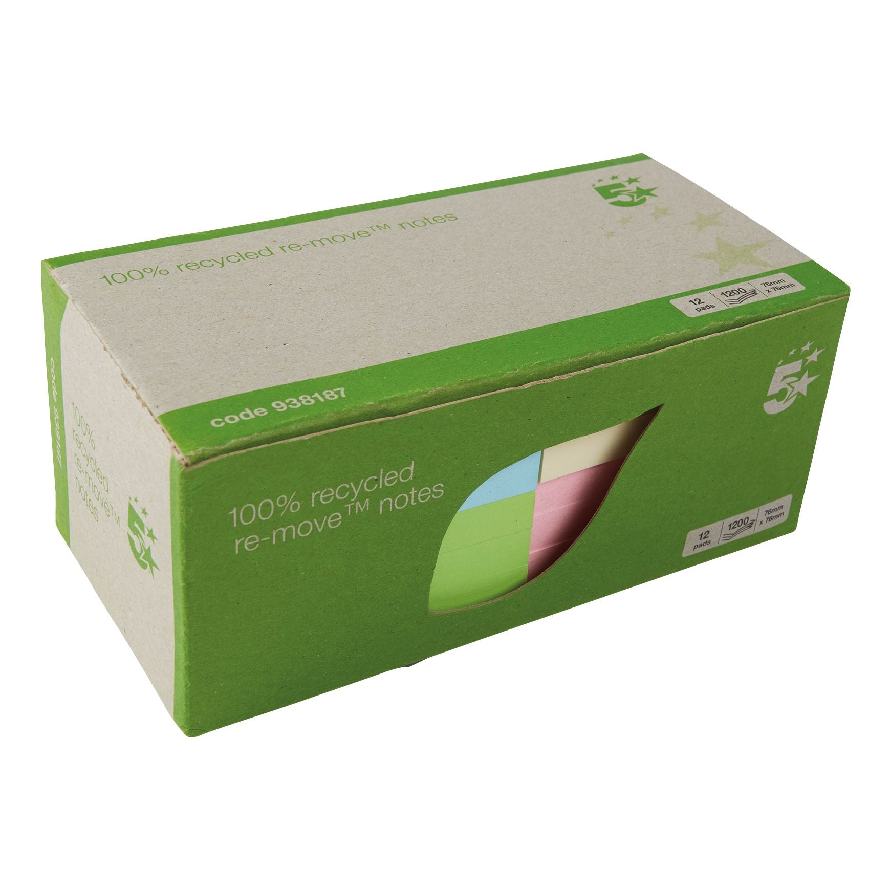 5 Star Sticky Notes Removable Pastel 76x76mm – (Pack of 12)