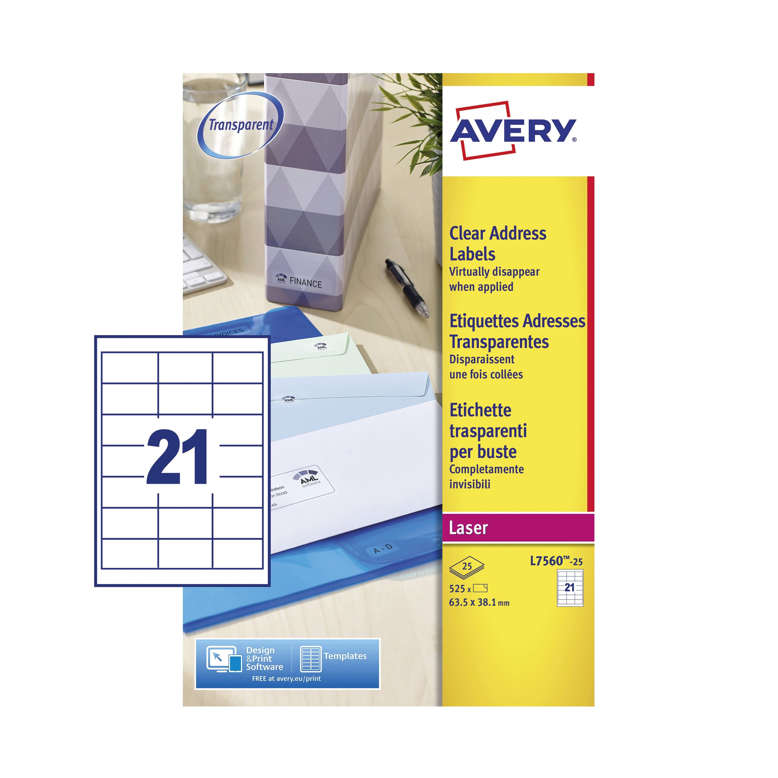 Avery Laser Address Labels 21 Per Sheet Clear L7560 – (Pack of 525)