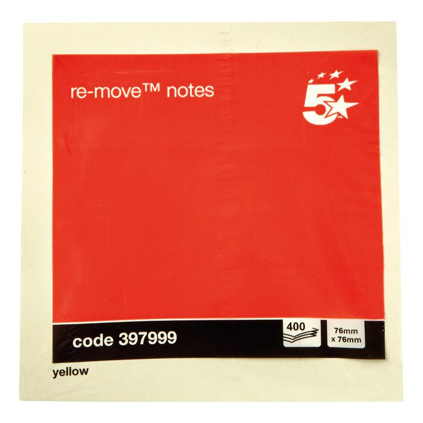 5 Star Sticky Notes Removable Cube Pad Yellow 76x76mm 397999