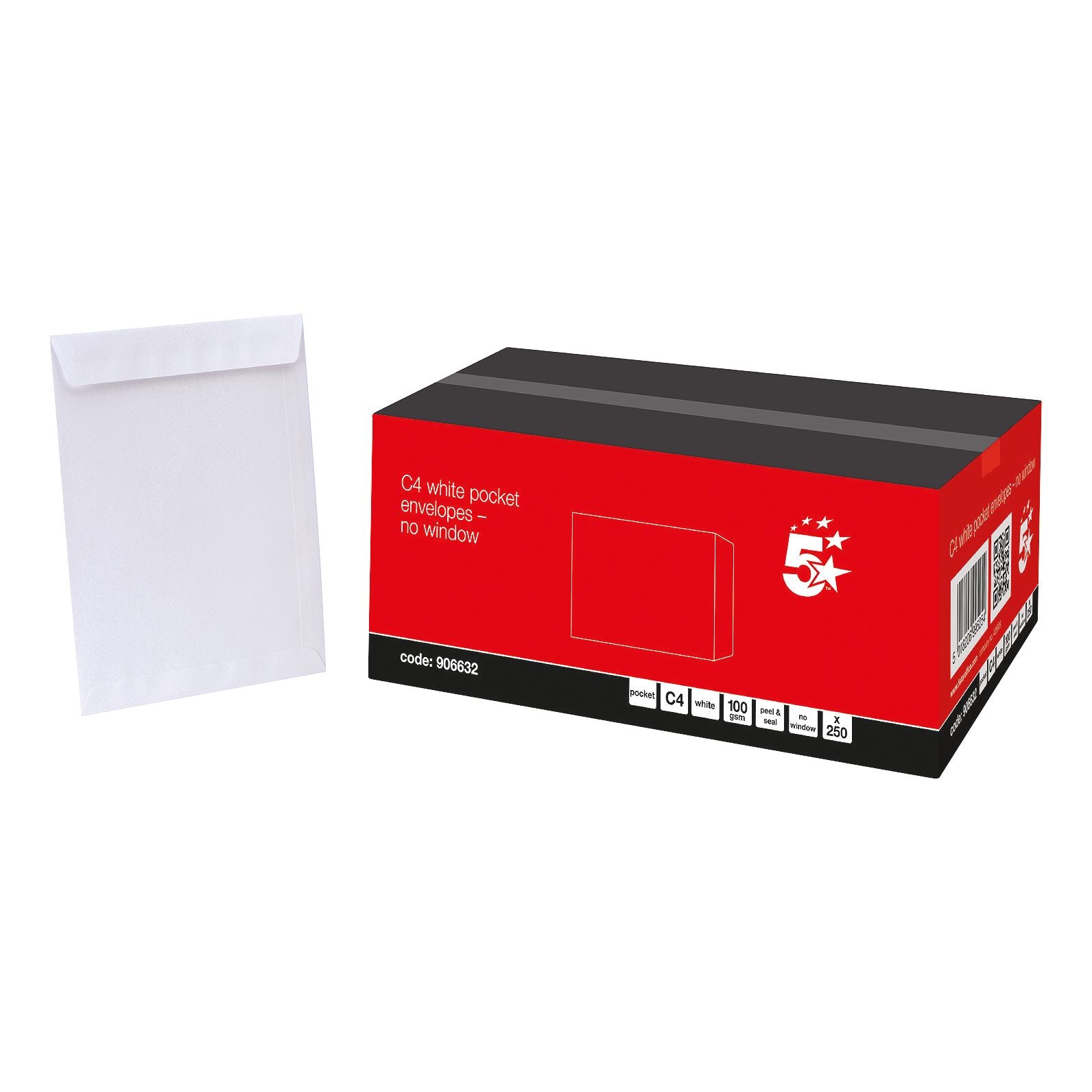 5 Star Office Envelopes Pocket Peel And Seal 100gsm C4 324x229mm White – (Pack of 250)