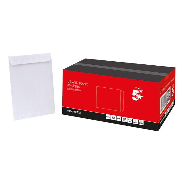 5 Star Office Envelopes Pocket Peel And Seal 100gsm C4 324x229mm White  (Pack of 250)