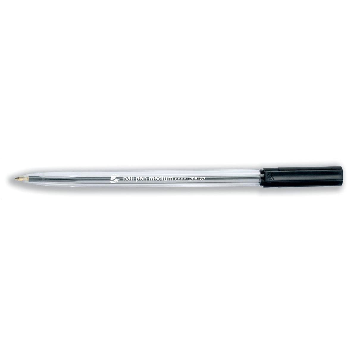 5 Star Office Ball Pen Clear Barrel Medium 1.0mm Tip 0.7mm Line Black – (Pack of 50)