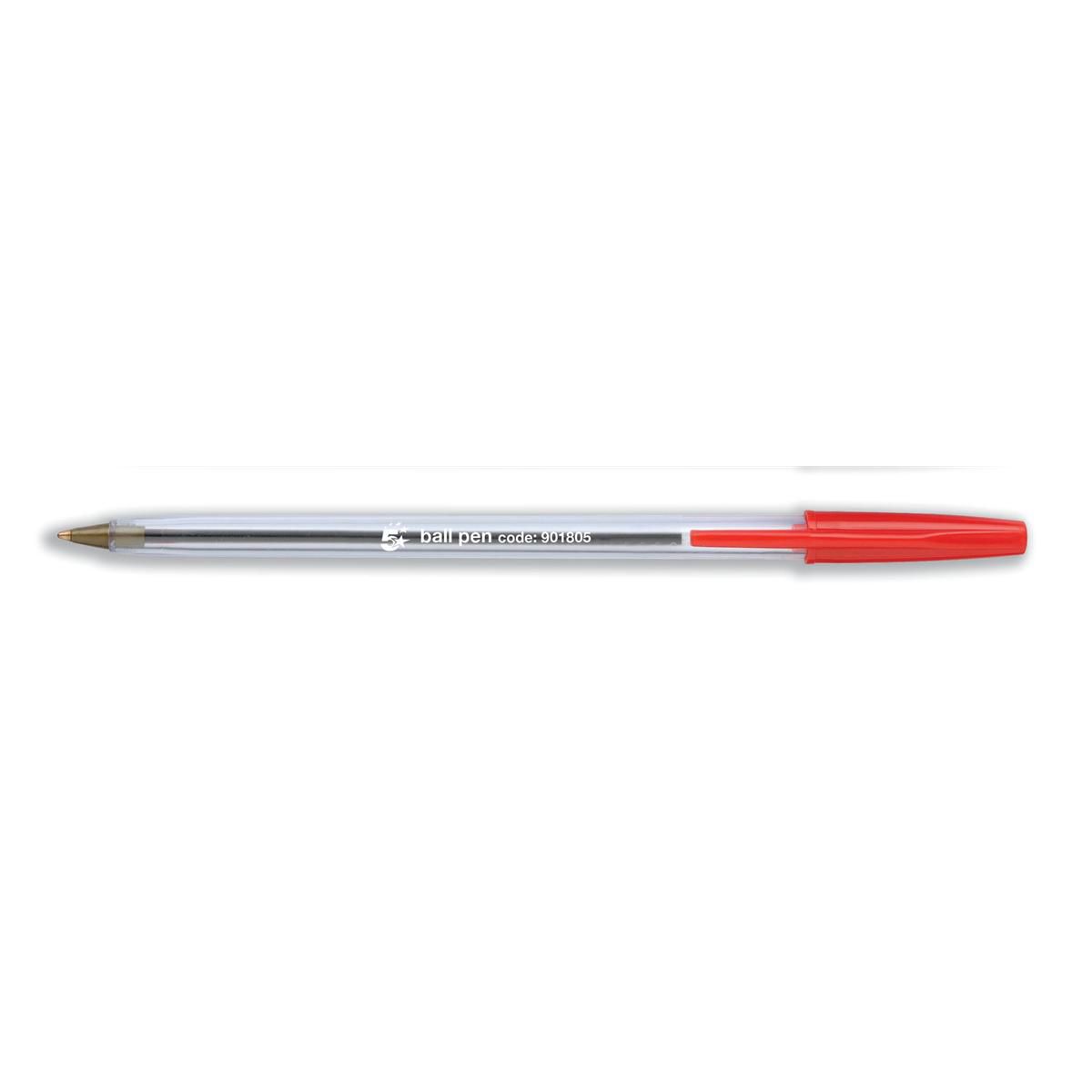 5 Star Office Ball Pen Clear Barrel Medium 1mm Tip 0.4mm Line Red – (Pack of 50)