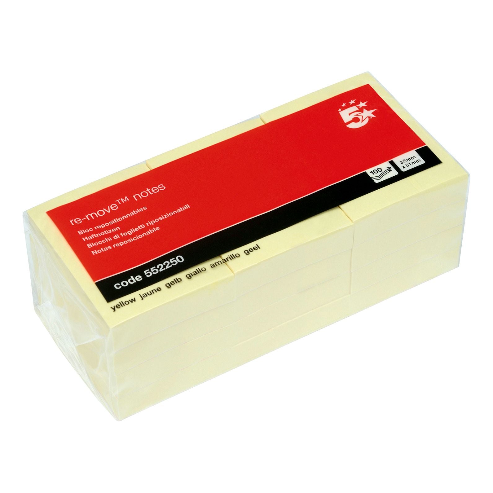 5 Star Sticky Notes Repositionable Yellow 38x51mm – (Pack of 12)