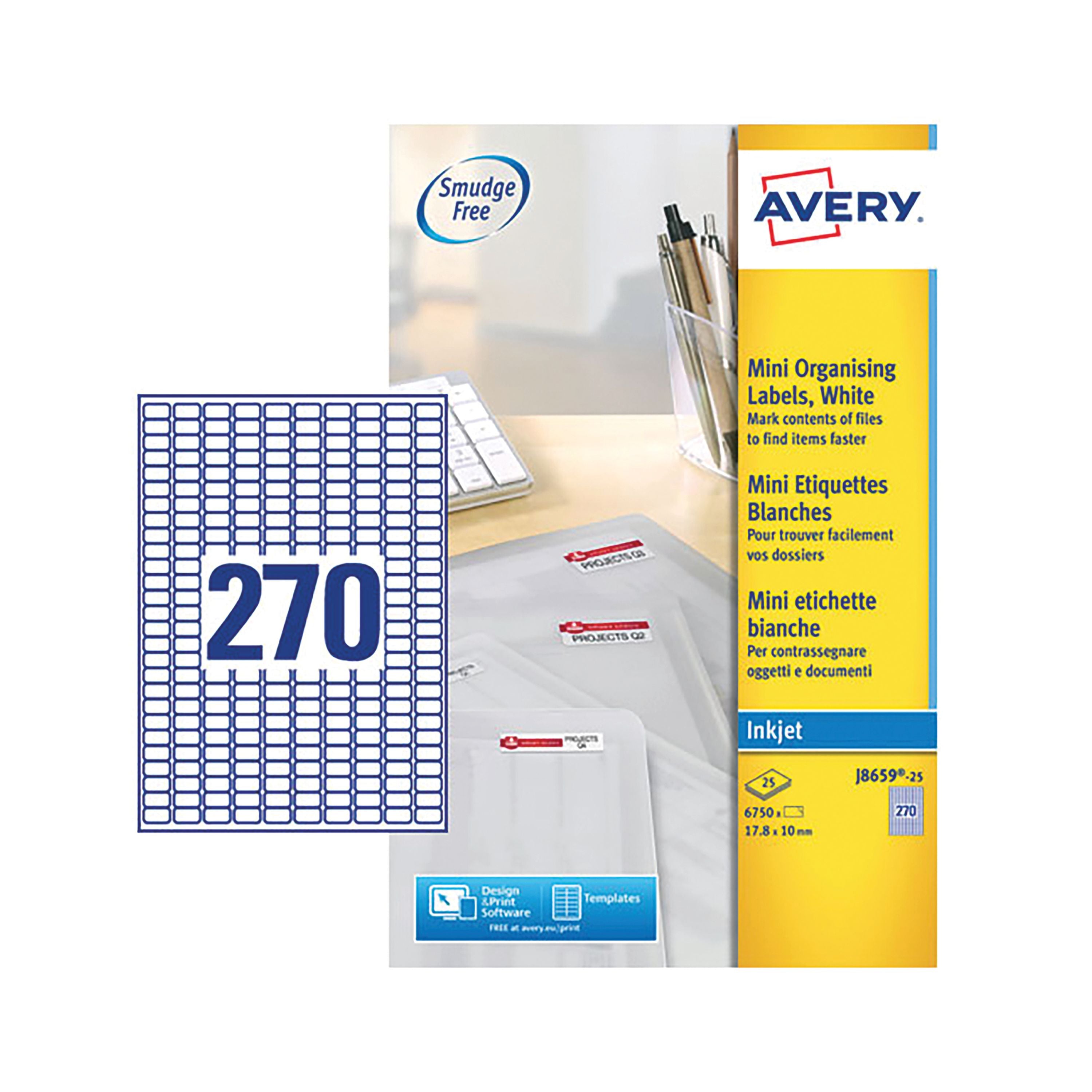 Avery Inkjet Mini Labels 270 Per Sheet White J8659 – (Pack of 6750)