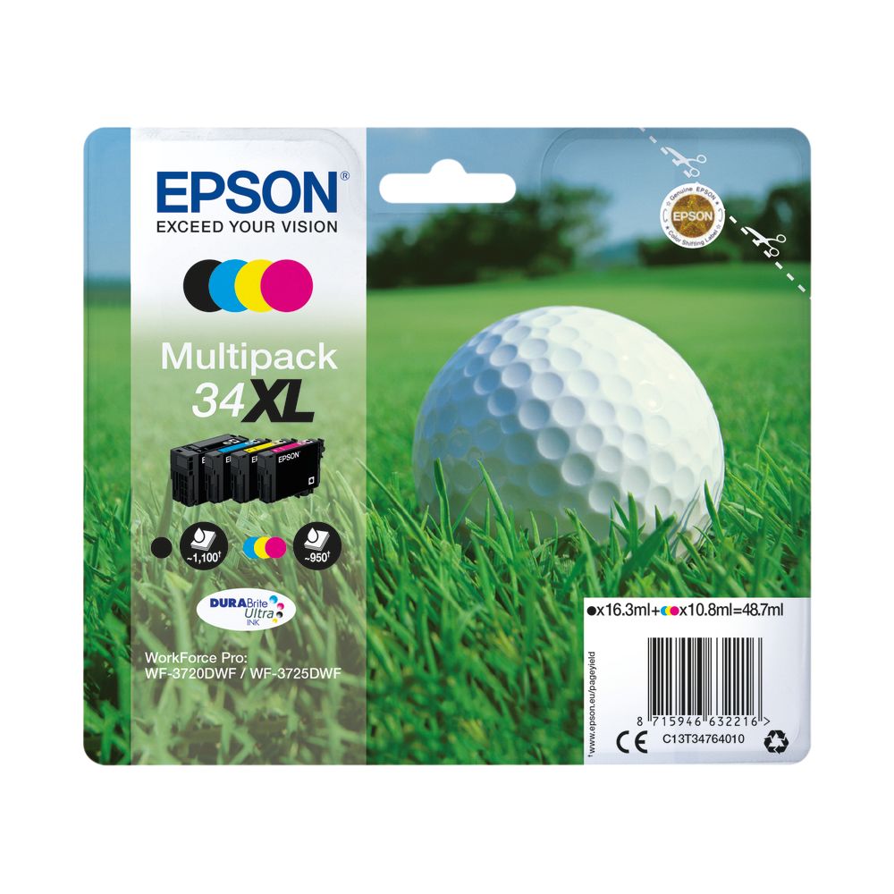 Epson 34xl Golf Ball Durabrite Ultra Ink Cartridge High Yield Cmyk Multipack C13t34764010