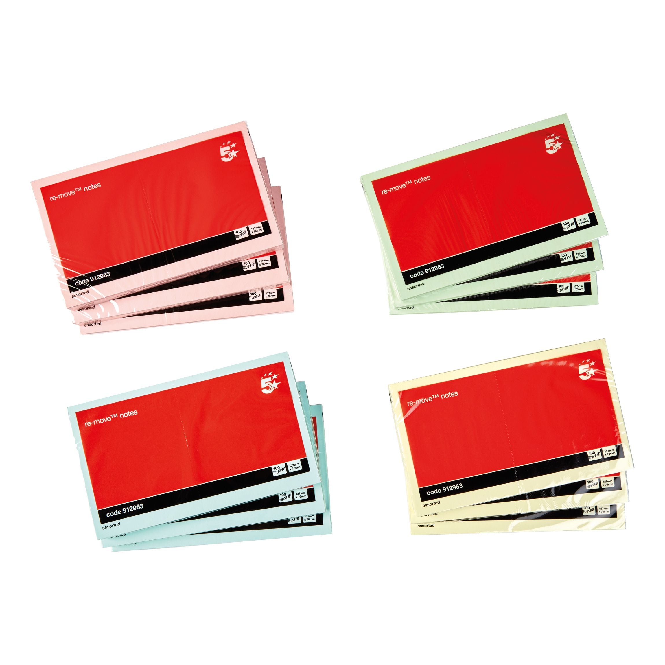 5 Star Sticky Notes Removable Pastel 76x127mm – (Pack of 12)