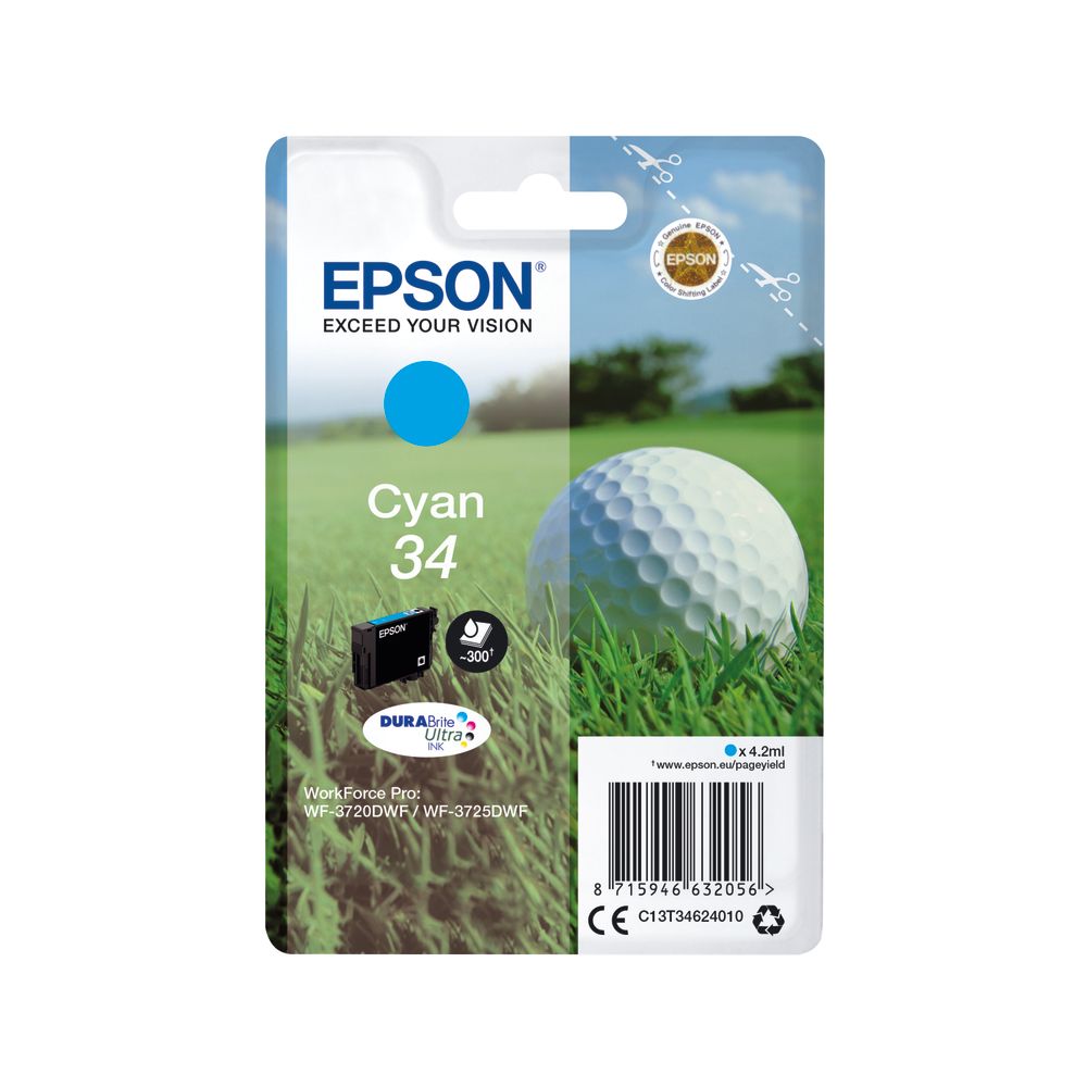 Epson 34 Golf Ball Durabrite Ultra Ink Cartridge Cyan C13t34624010