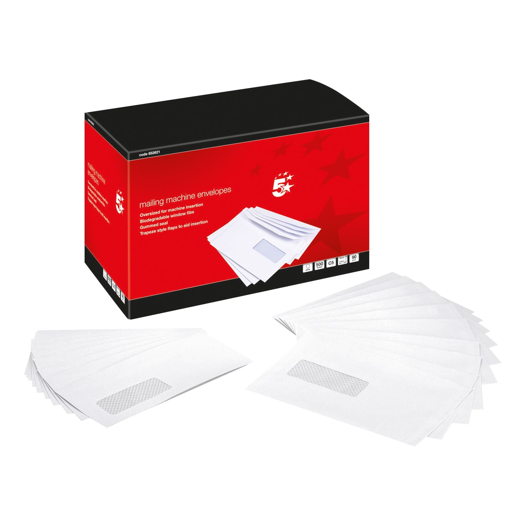 5 Star Office Envelopes Mailing Machine Wallet Gummed Window C5 162x238mm White – (Pack of 500)