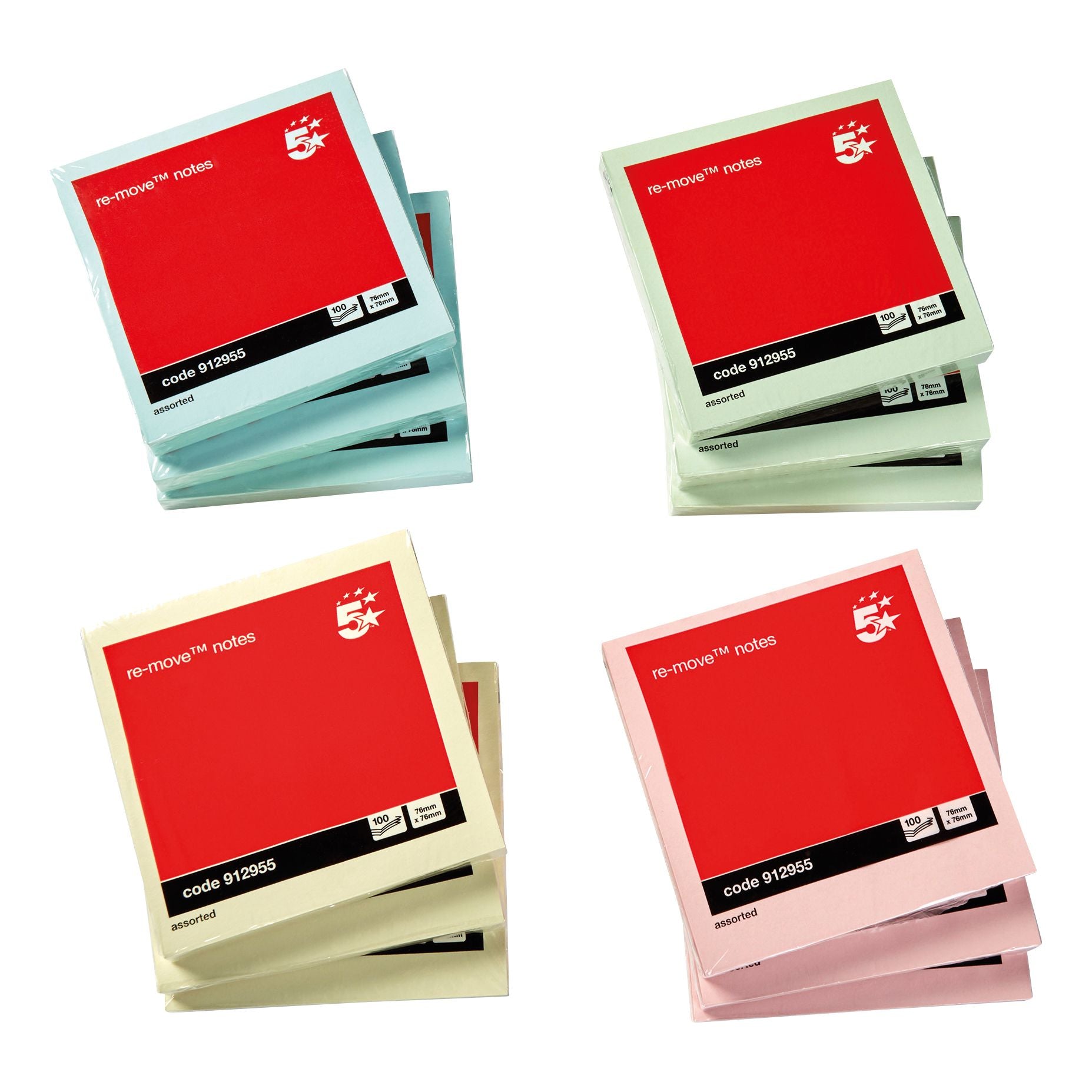 5 Star Sticky Notes Removable Pastel 76x76mm – (Pack of 12)