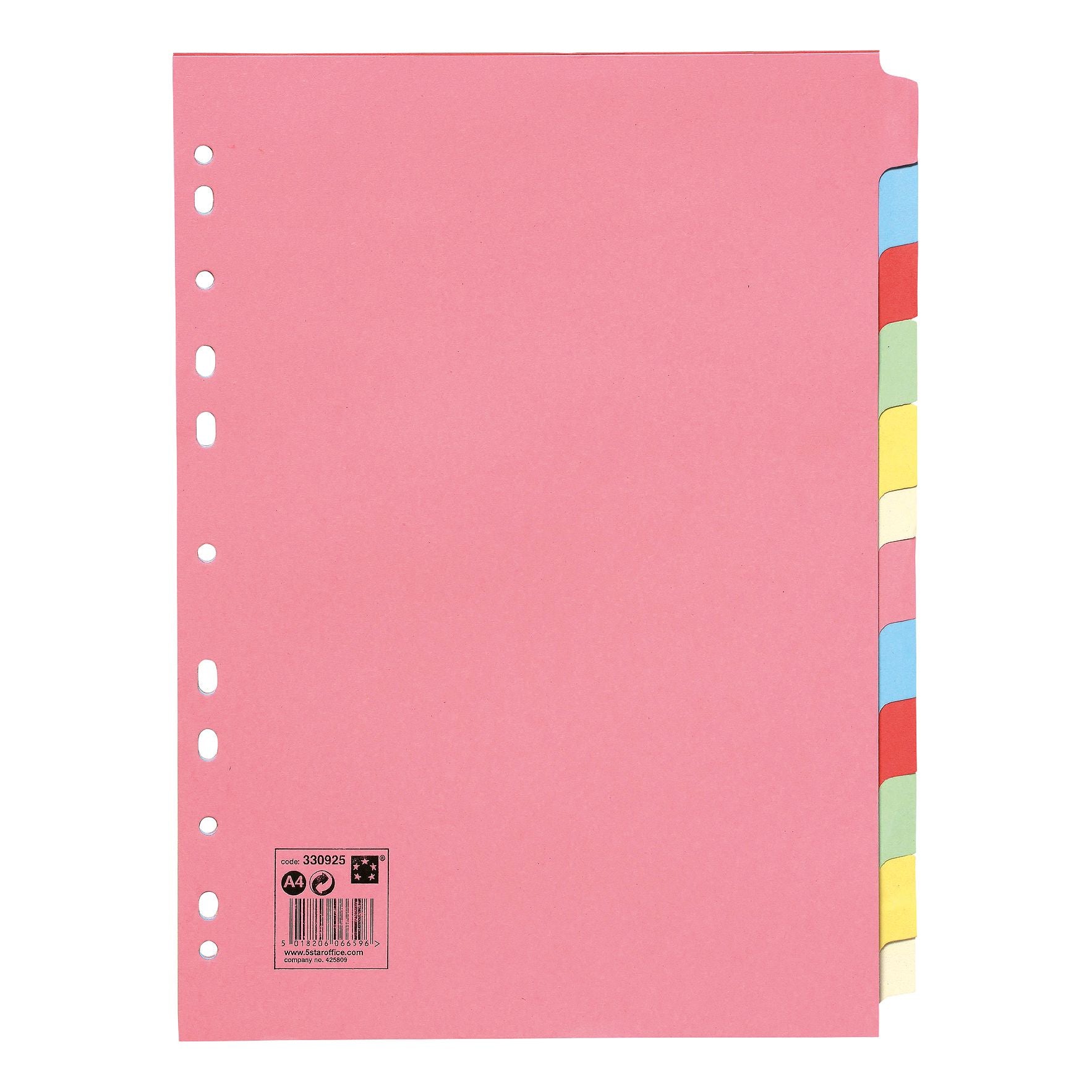 5 Star Office Subject Dividers 12-part Recycled Card Multipunched 155gsm A4 Assorted