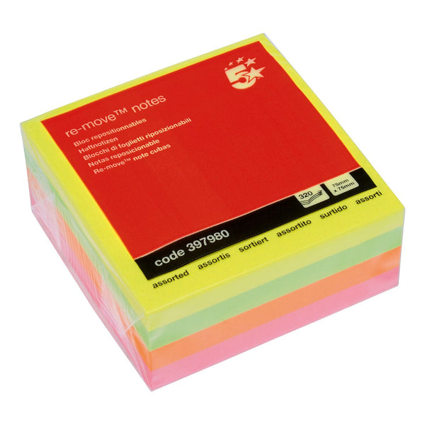 5 Star Sticky Notes Removable Cube Neon Rainbow 76x76mm 397980