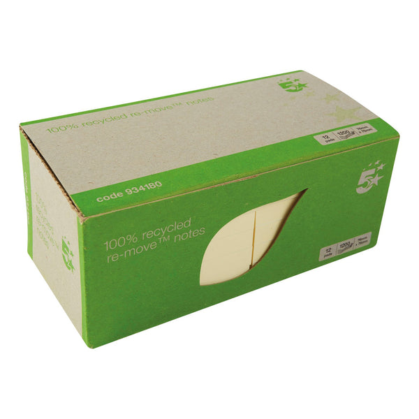 5 Star Recycled Sticky Notes Removable Yellow 76x76mm  (Pack of 12)