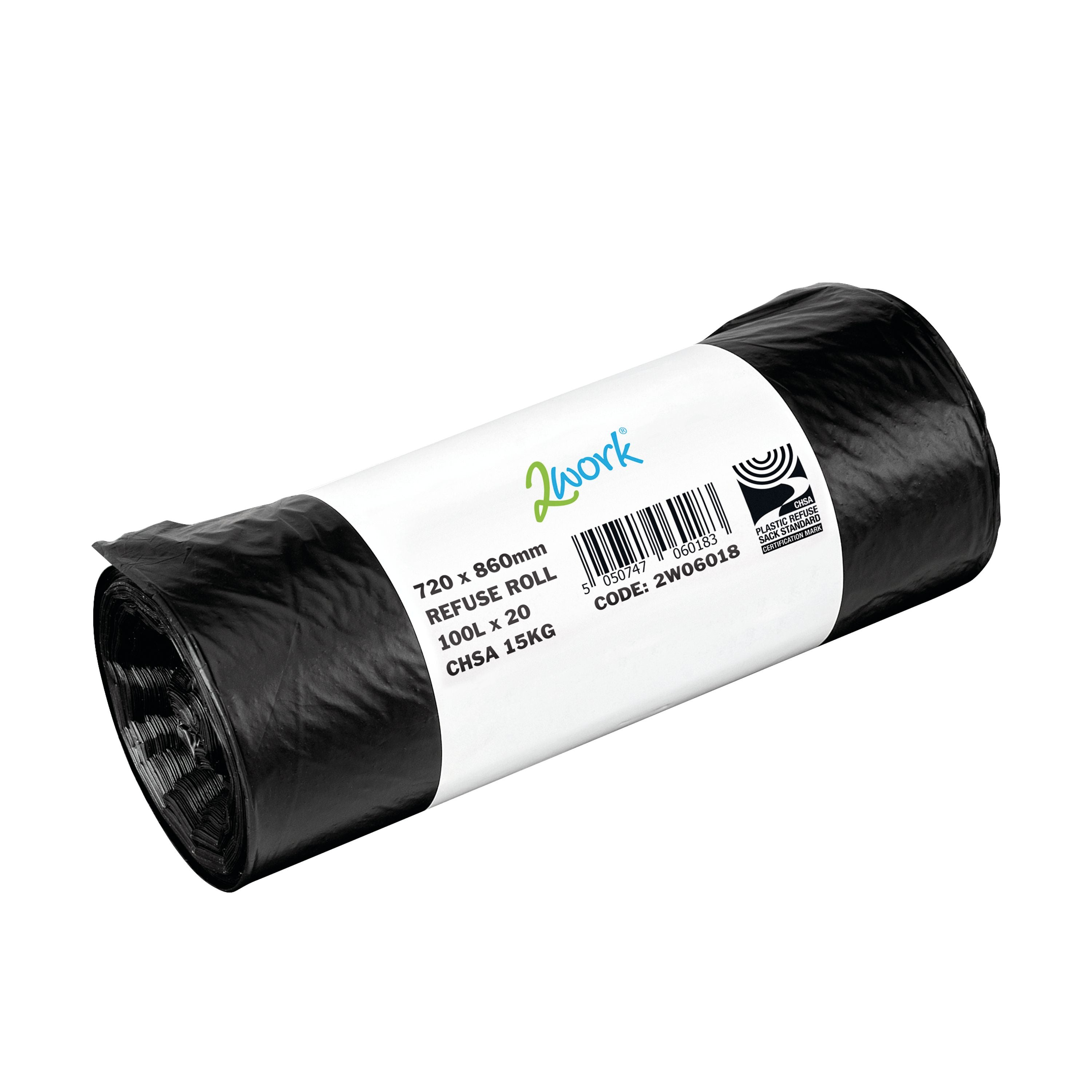 2WORK Refuse Sack 100 Litre Black 20 Bags Per Roll – (Pack of 10)