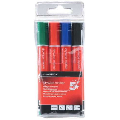 5 Star Office Drywipe Marker Xylene/Toluene-free Bullet Tip 3mm Line Wallet Assorted – (Pack of 4)