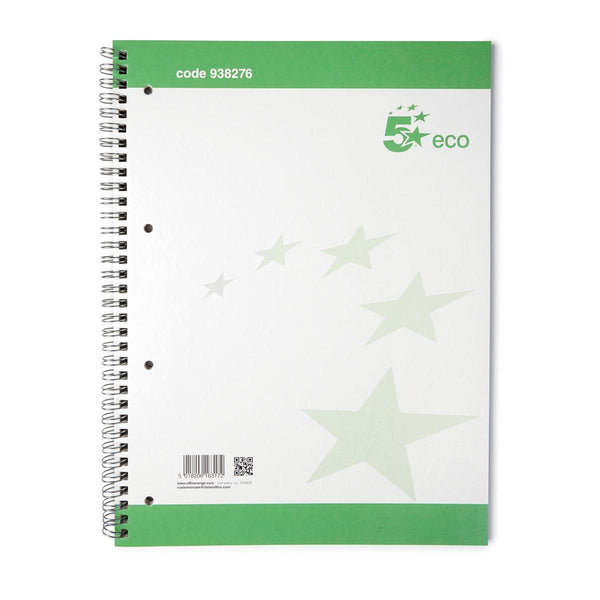 5 Star Spiral Pad Ruled Recycled Margin Perforated 4 Holes 100pp A4 Green/White  (Pack of 10)