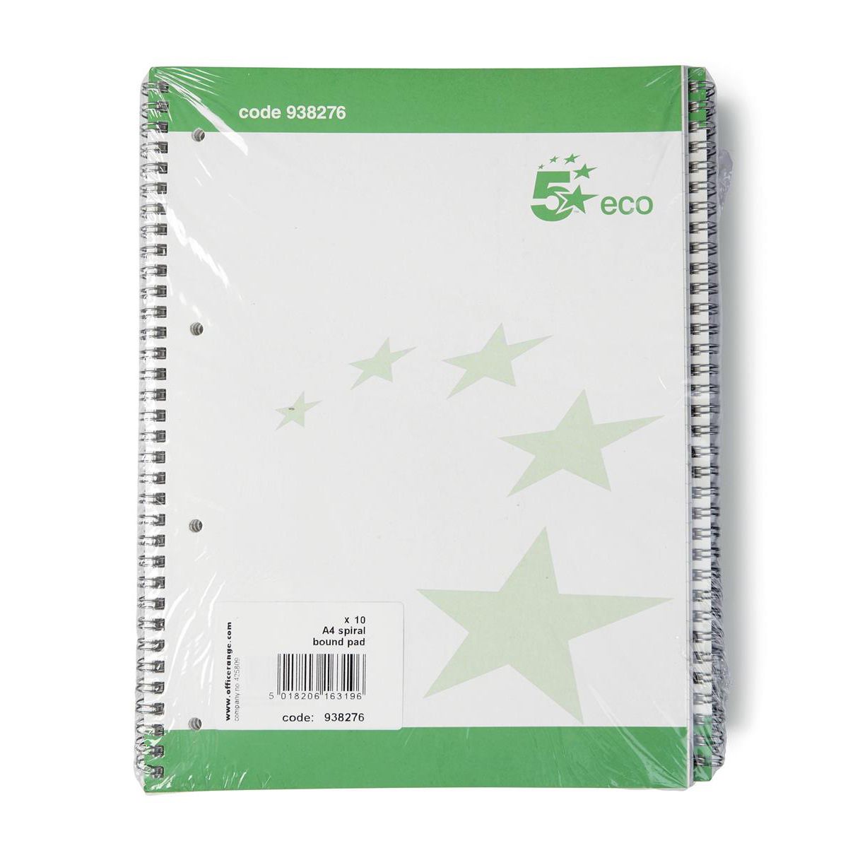 5 Star Spiral Pad Ruled Recycled Margin Perforated 4 Holes 100pp A4 Green/White – (Pack of 10)