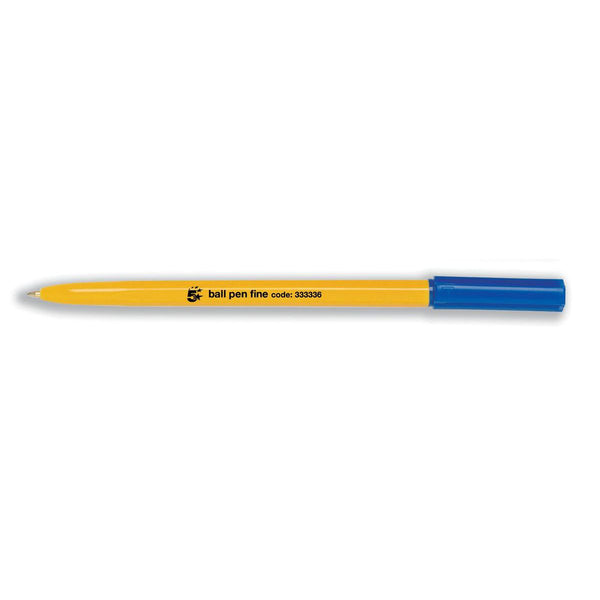 5 Star Office Ball Pen Yellow Barrel Fine 0.7mm Tip 0.3mm Line Blue  (Pack of 50)