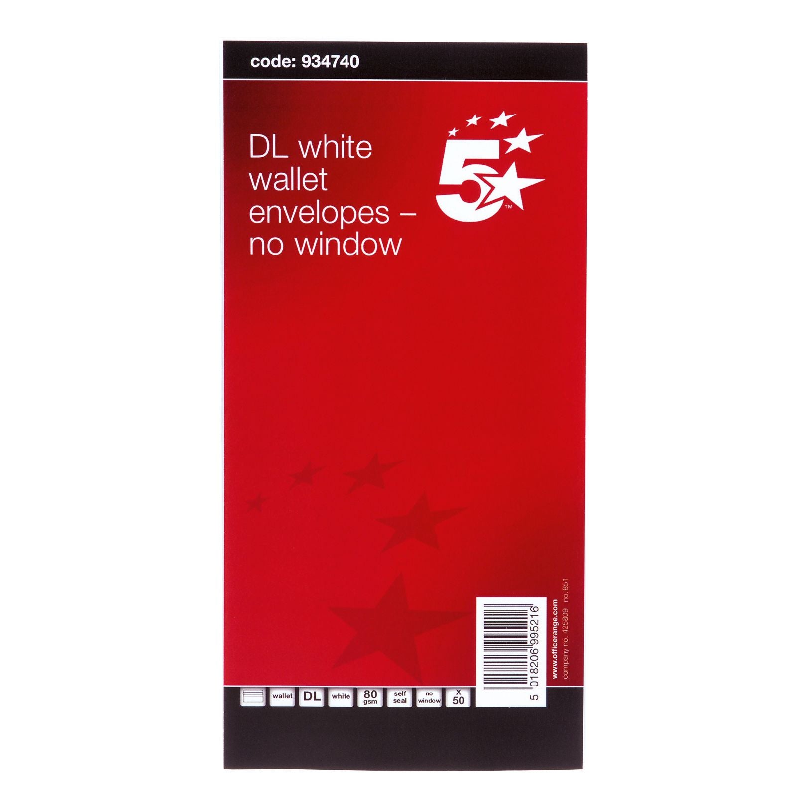 5 Star Office Envelopes Wallet Self Seal 80gsm DL 220x110mm White Retail Pack - (Pack of 50)