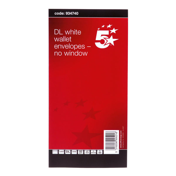 5 Star Office Envelopes Wallet Self Seal 80gsm DL 220x110mm White Retail Pack - (Pack of 50)