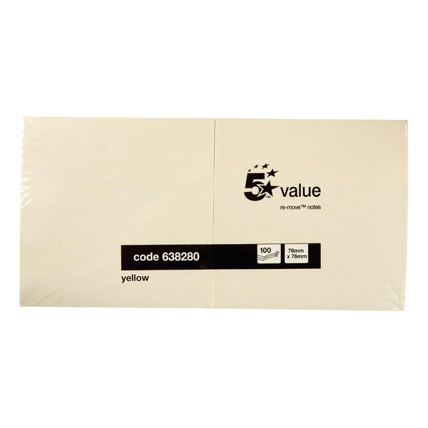 5 Star Sticky Notes Repositionable Yellow 76x76mm  (Pack of 12)