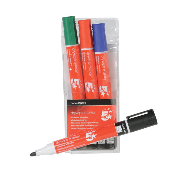 5 Star Office Drywipe Marker Xylene/Toluene-free Bullet Tip 3mm Line Wallet Assorted  (Pack of 4)