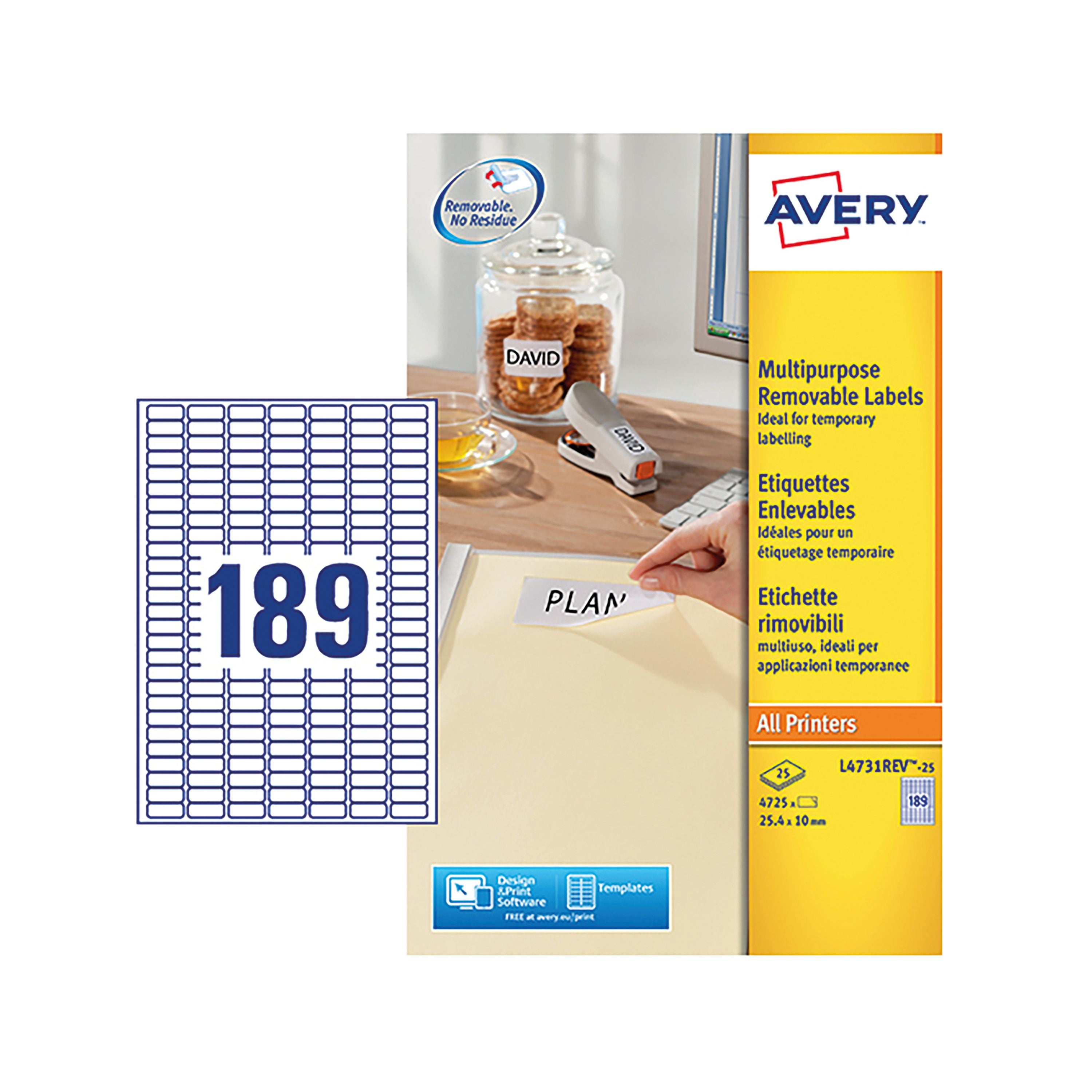 Avery Laser Mini Labels 25.4x10mm 189 Per Sheet White L4731rev-25 – (Pack of 4725)