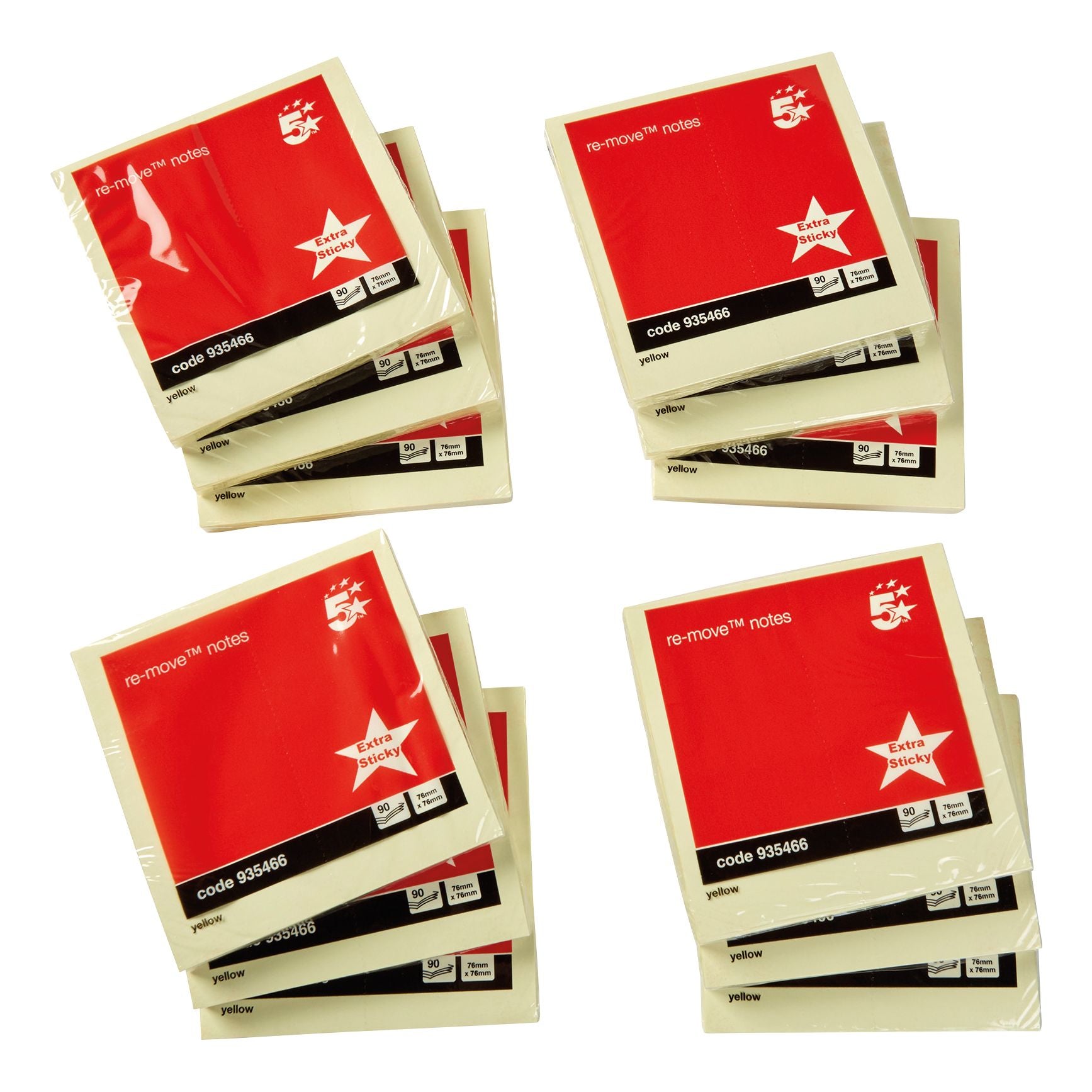 5 Star Sticky Notes Removable Yellow 76x76mm – (Pack of 12)