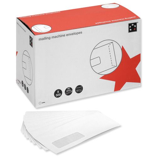 5 Star Office Envelopes Mailing Machine Wallet Gummed Window 90gsm Dl White – (Pack of 500)