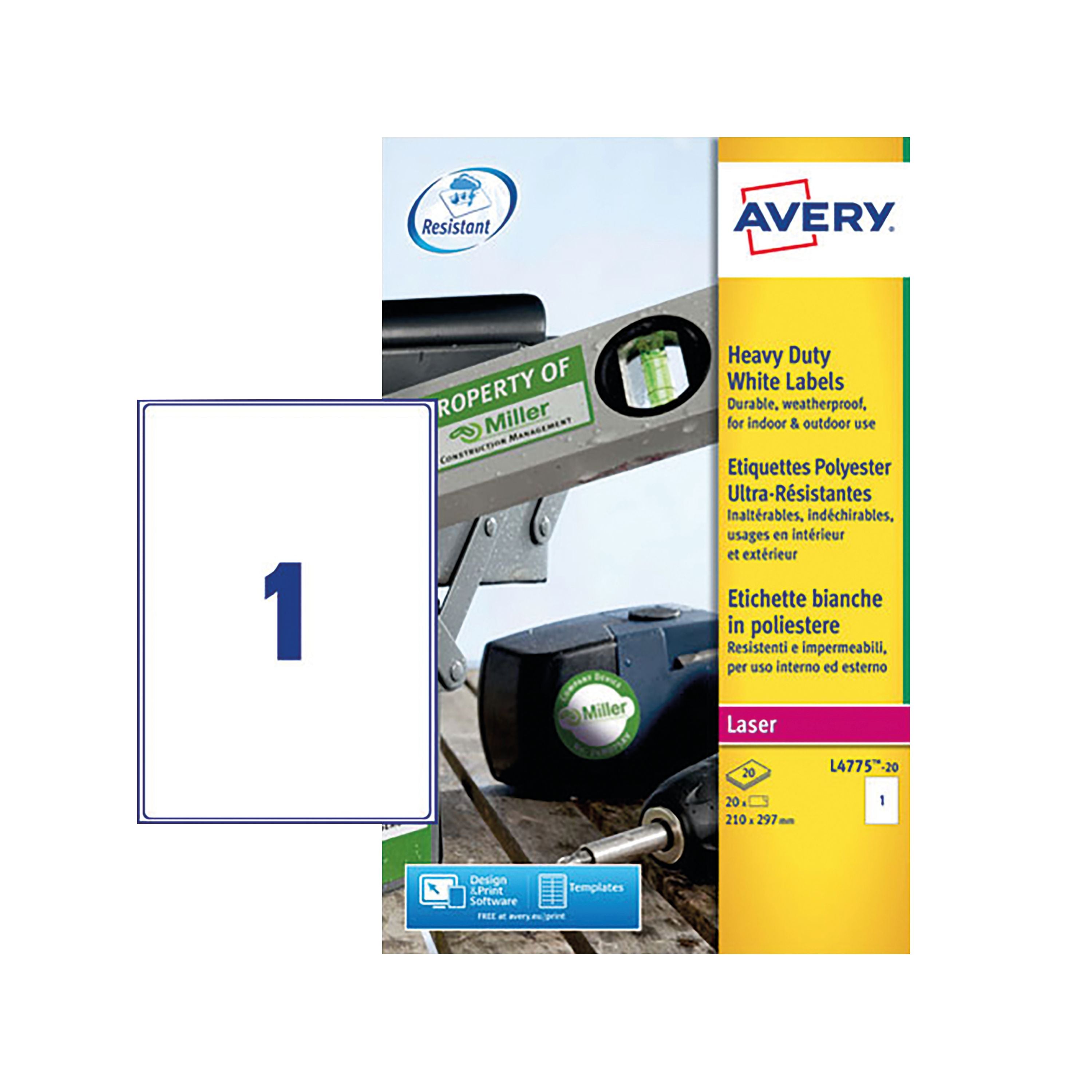Avery Laser Label Heavy Duty 1 Per Sheet White L4775-20 – (Pack of 20)