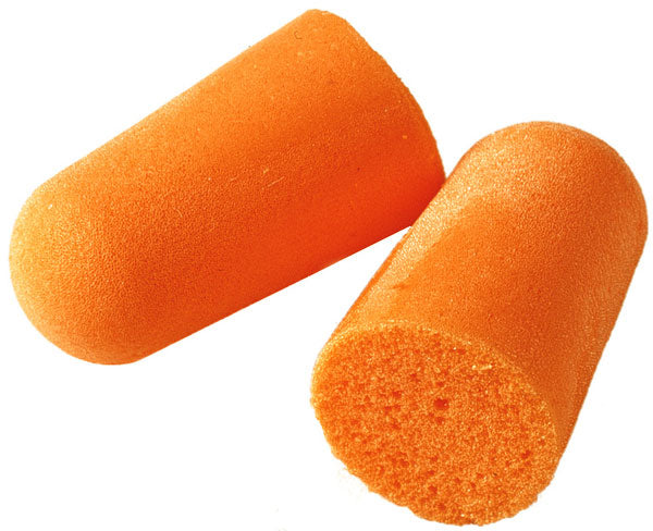 Pair of orange 3M 1100 uncorded, disposable foam ear plugs shown side-by-side.