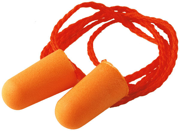 Pair of orange 3M 1110 foam ear plugs connected by a Red vinyl cord.
