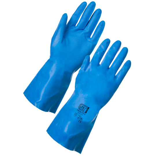 Supertouch Nitrile N15 glove in blue, flock-lined, chemical-resistant, ideal for industrial cleaning tasks.