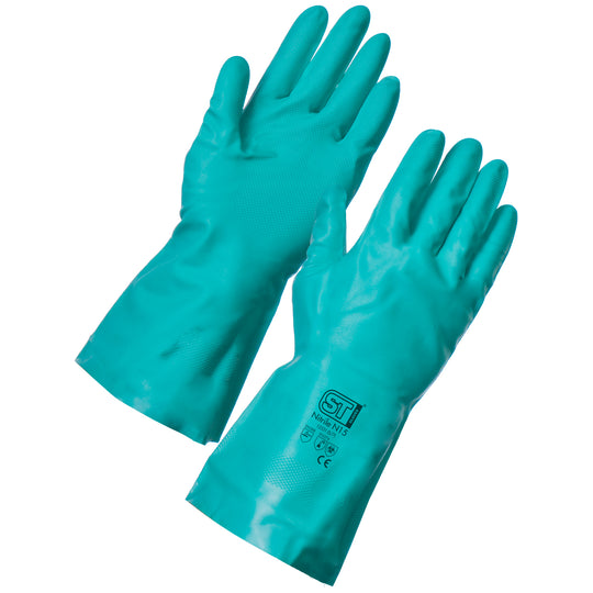 Supertouch Nitrile N15 glove in green, textured grip, latex-free, suitable for wet and dry industrial use.