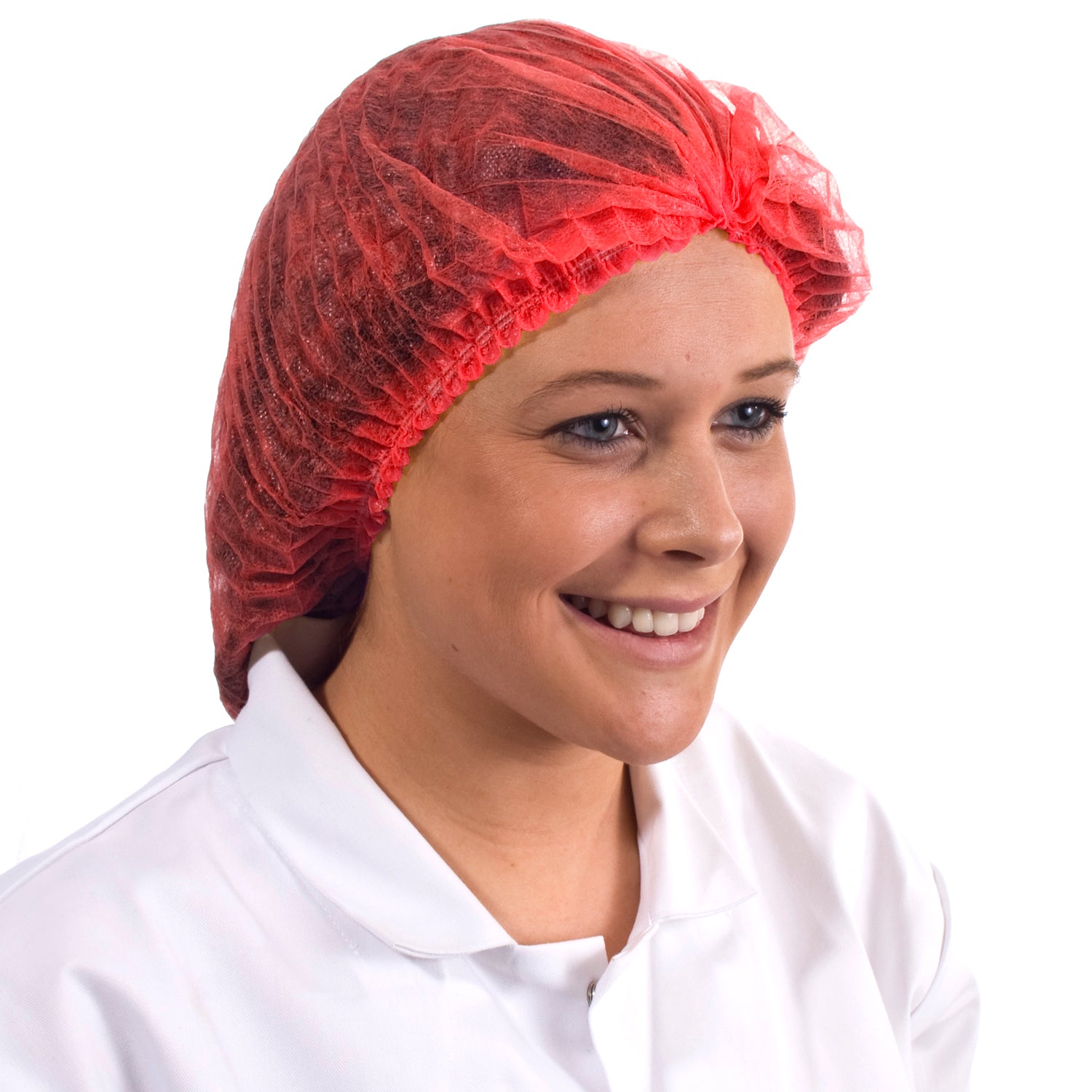 Red disposable mob cap, lightweight and comfortable, suitable for food industry and healthcare.