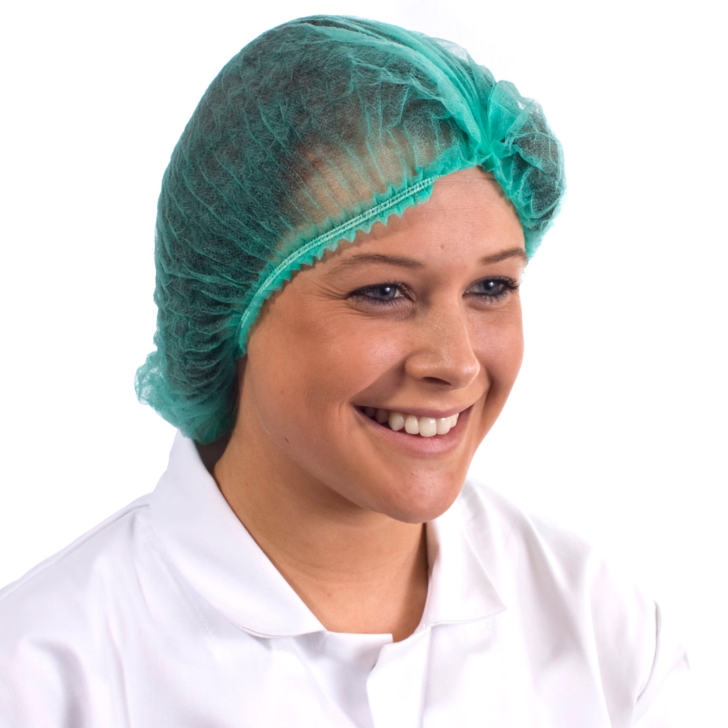 green disposable mob cap for total hair coverage, perfect for cleanrooms and food preparation.