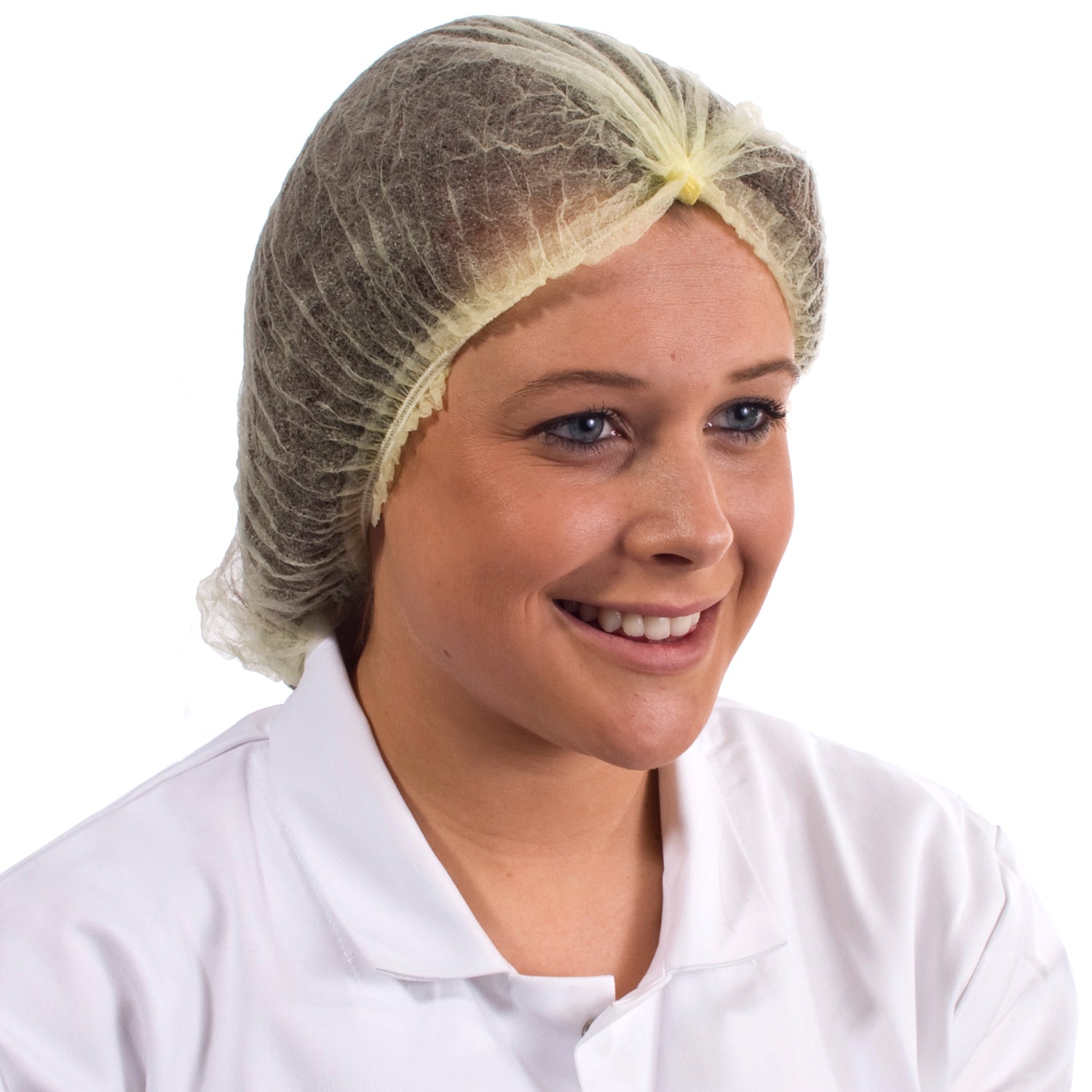 Yellow disposable mob cap, non-woven material, designed for hygiene in food and medical settings.