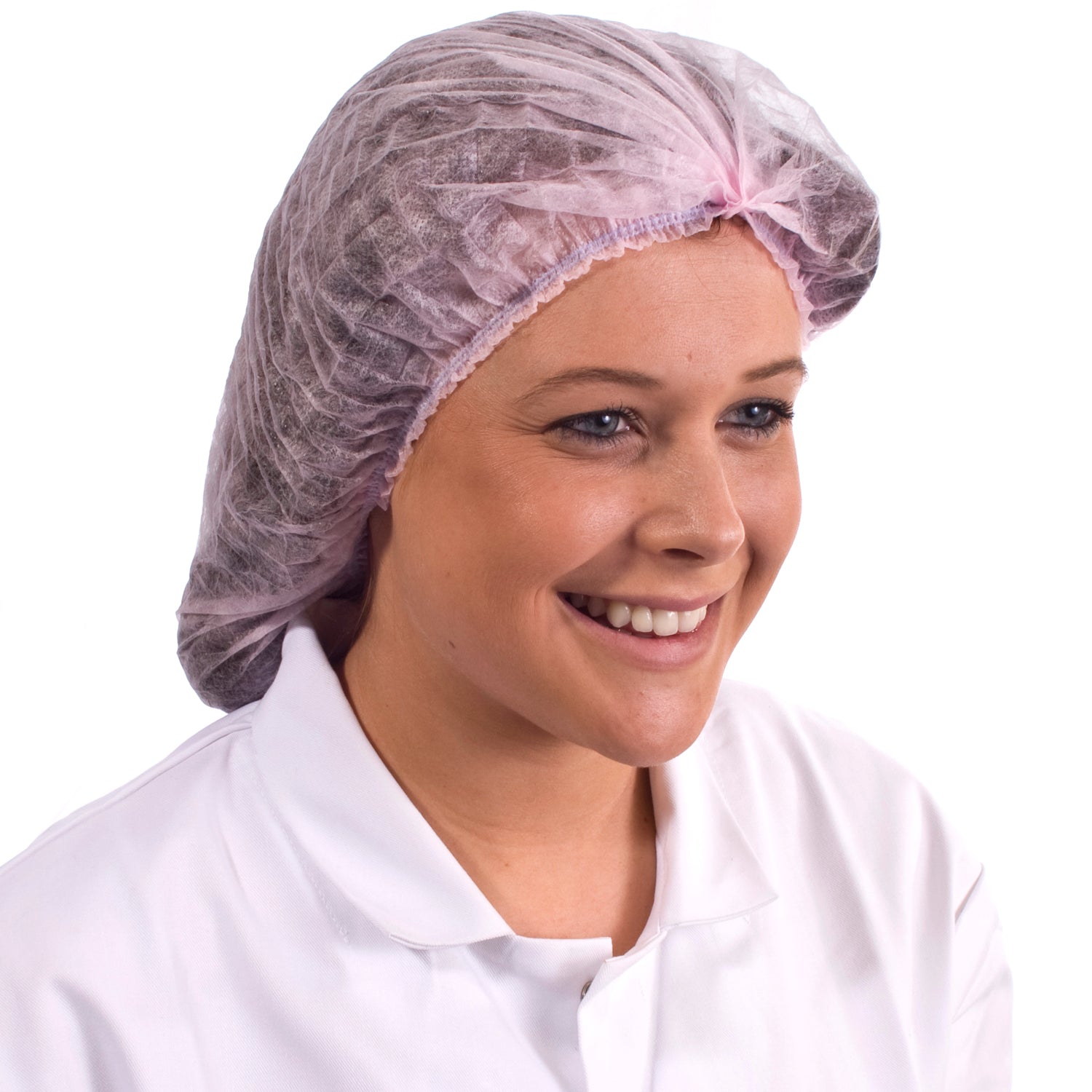 Purple disposable mob cap for hygienic hair protection in food processing and healthcare.