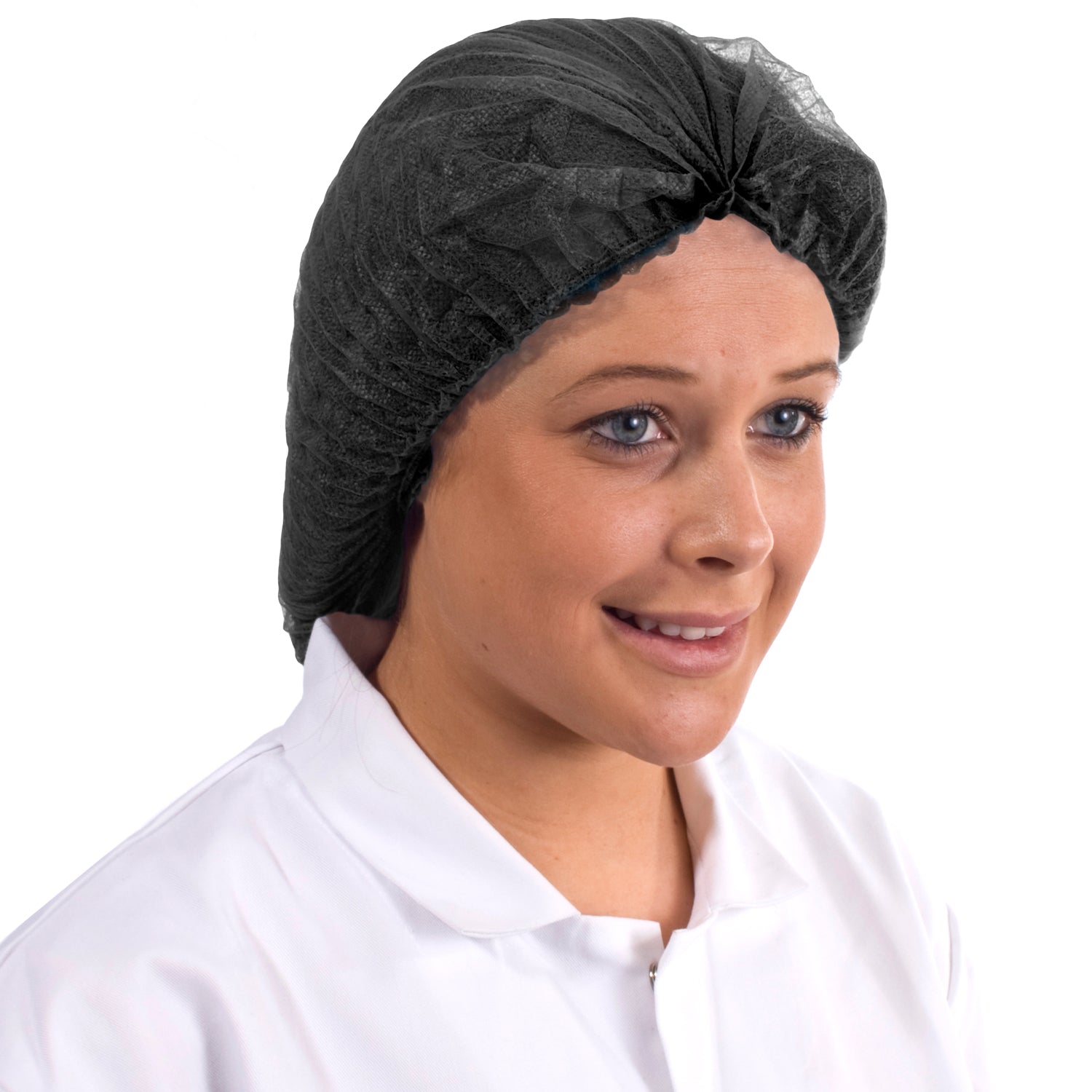 Black disposable mob cap for professional hair containment in catering and laboratory environments.