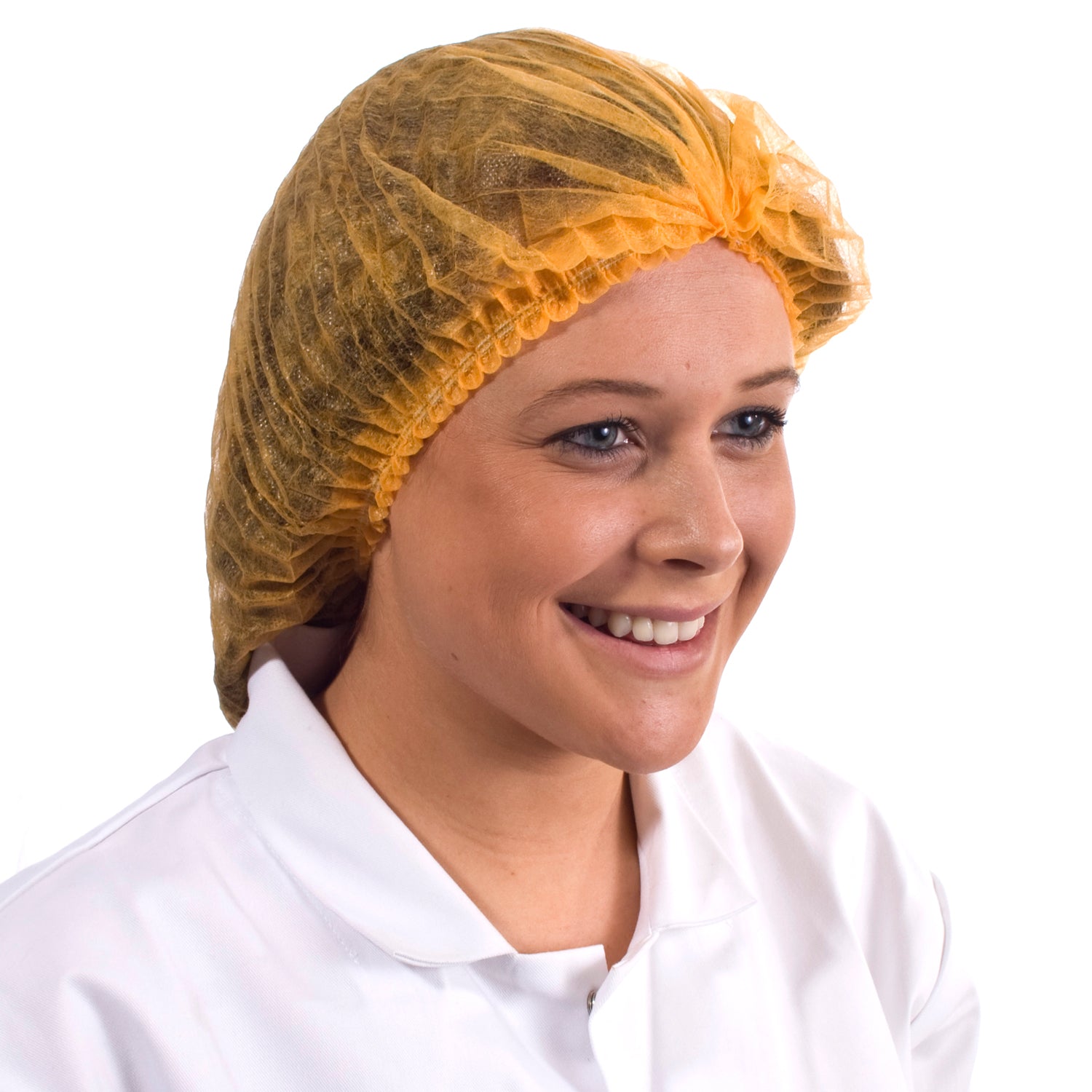 Orange disposable mob cap, lightweight and secure, suitable for hygiene-critical workplaces.
