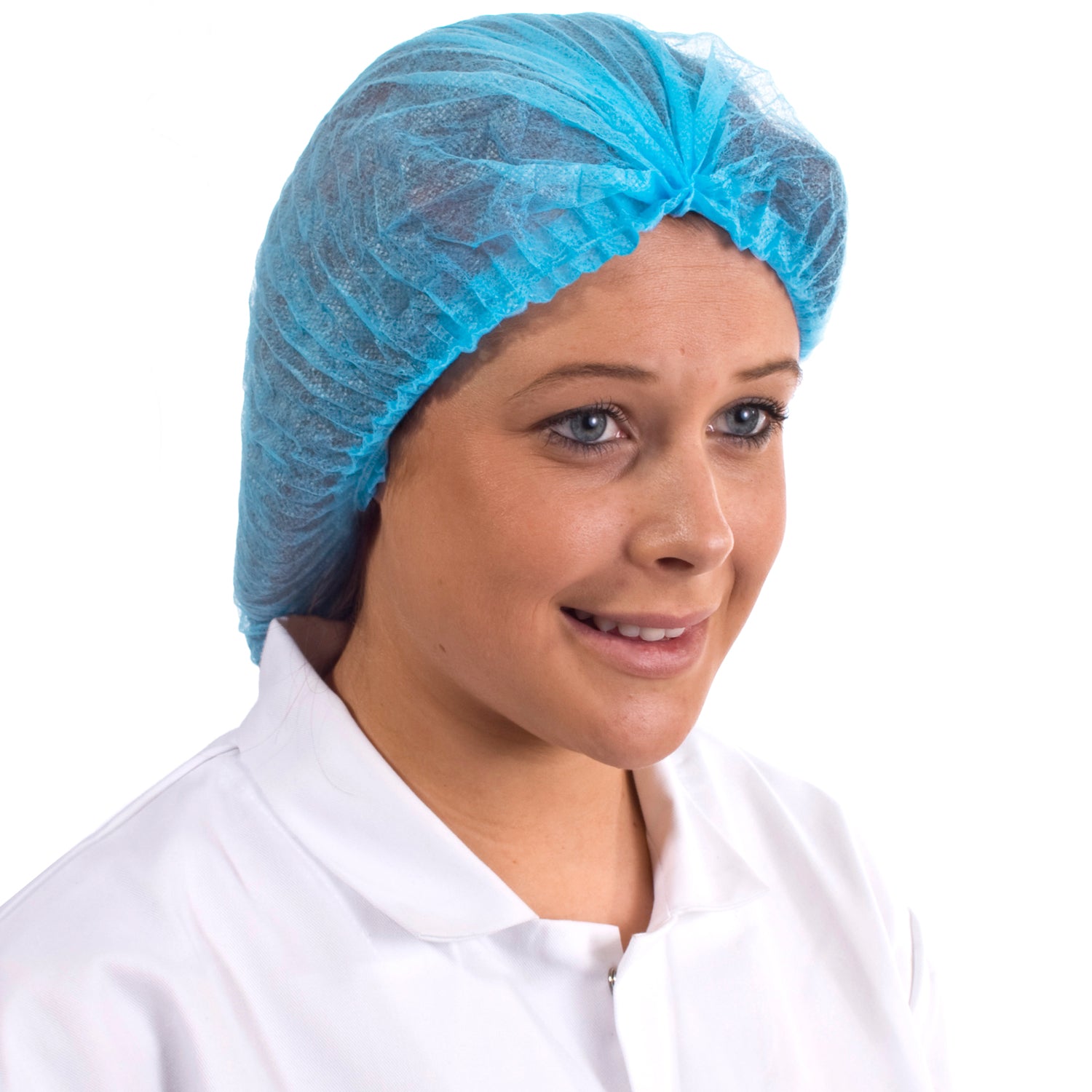 blue disposable mob cap, elasticated for comfort, ideal for colour-coded hygiene control.