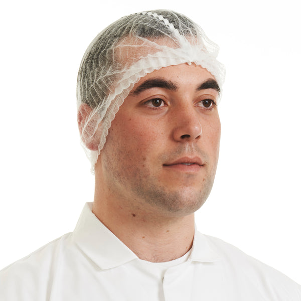 white detectable mob cap with metallic strip, ideal for hygienic environments and food processing.