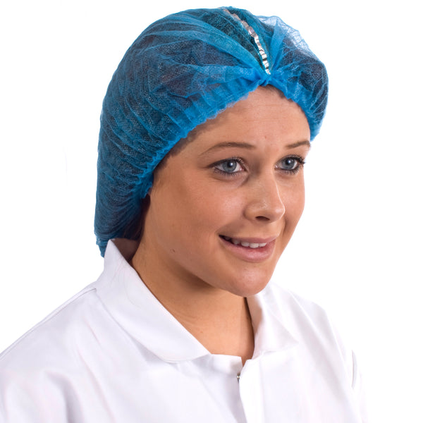 blue detectable mob cap featuring a metallic strip for easy detection in hygiene-critical areas.
