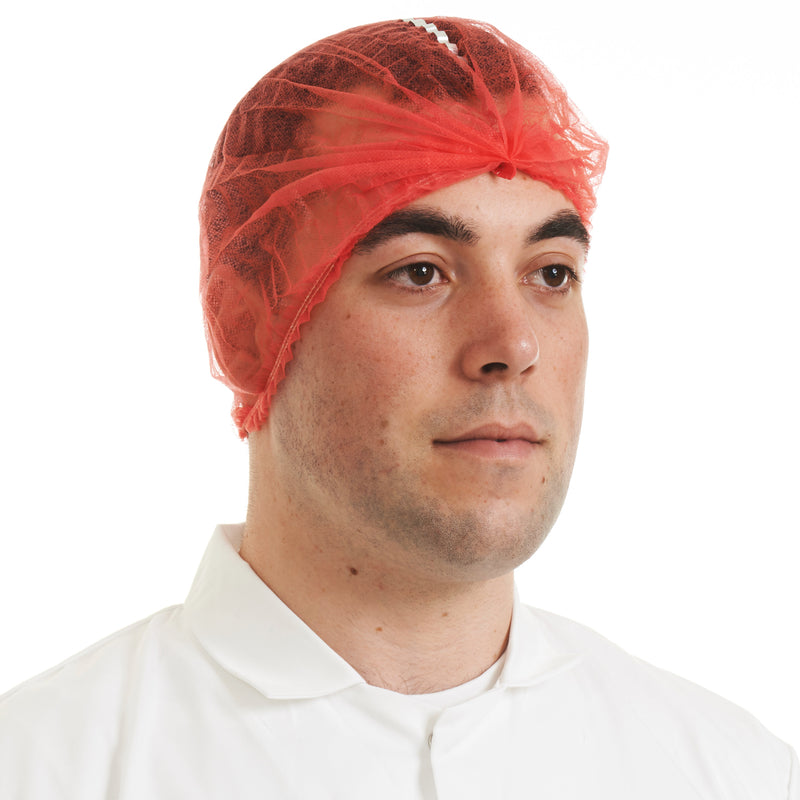 Red detectable mob cap with integrated metallic strip for food industry and contamination control.