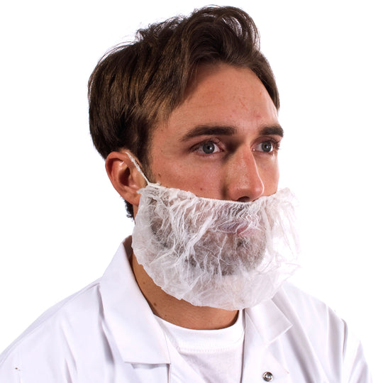 White non-woven beard mask, elasticated, single-use for effective beard coverage in clean areas.
